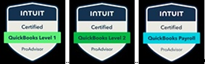 QuickBooks Online Certified ProAdvisor badges: Level 1, Level 2, and Payroll